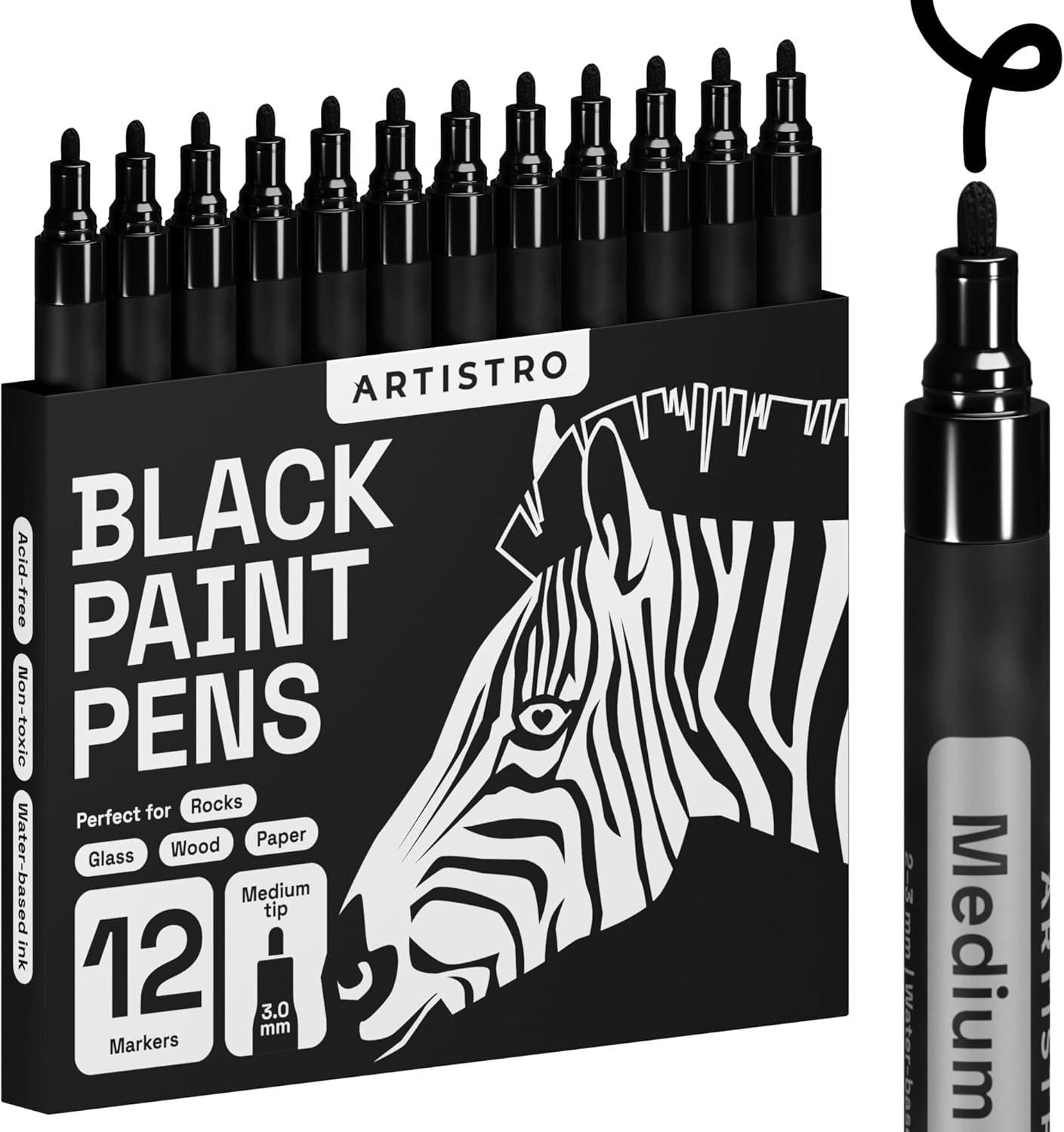 Pen Ink Rocks ARTISTRO 12 Black Paint Pens for Glass Marking, Rock Painting, Ceramic
