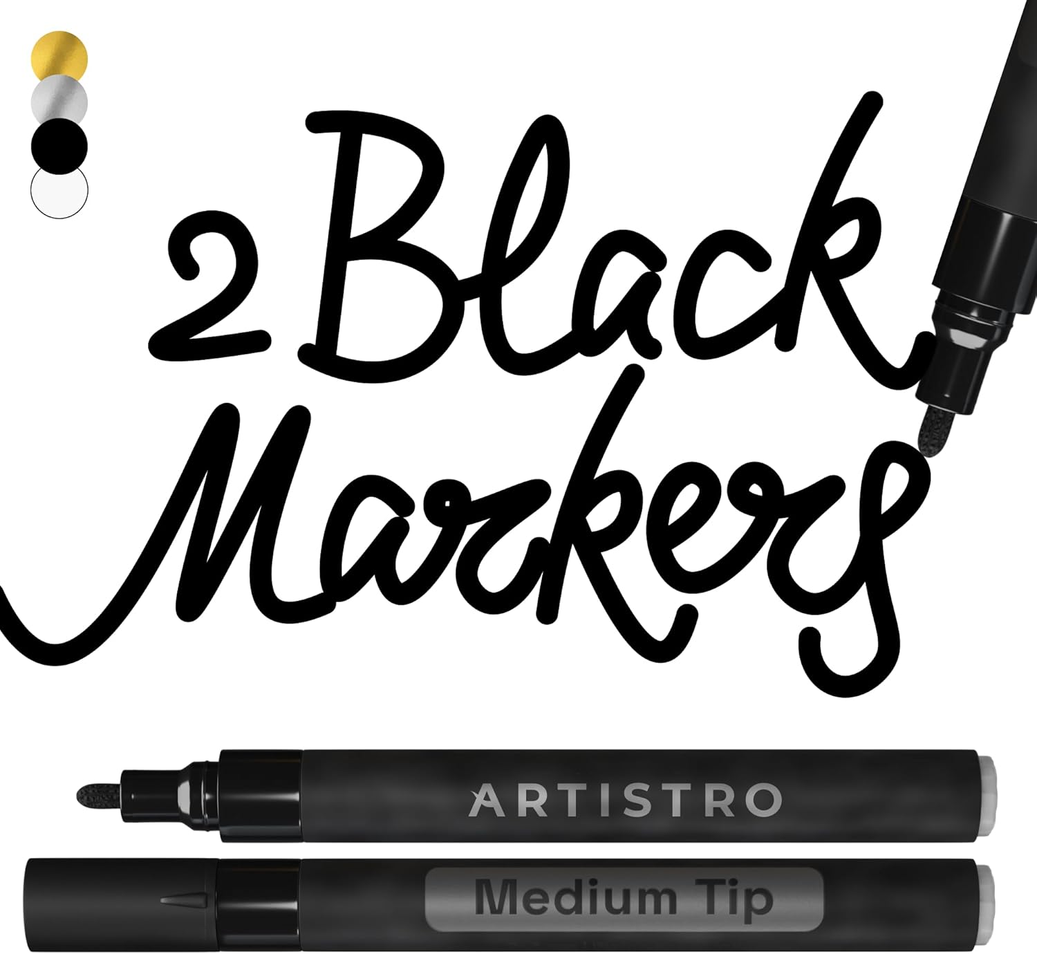 ARTISTRO 2 Black Acrylic Paint Markers - 3mm Medium-Tip Paint Pens - Perfect for Crafting, Art Projects, & More
