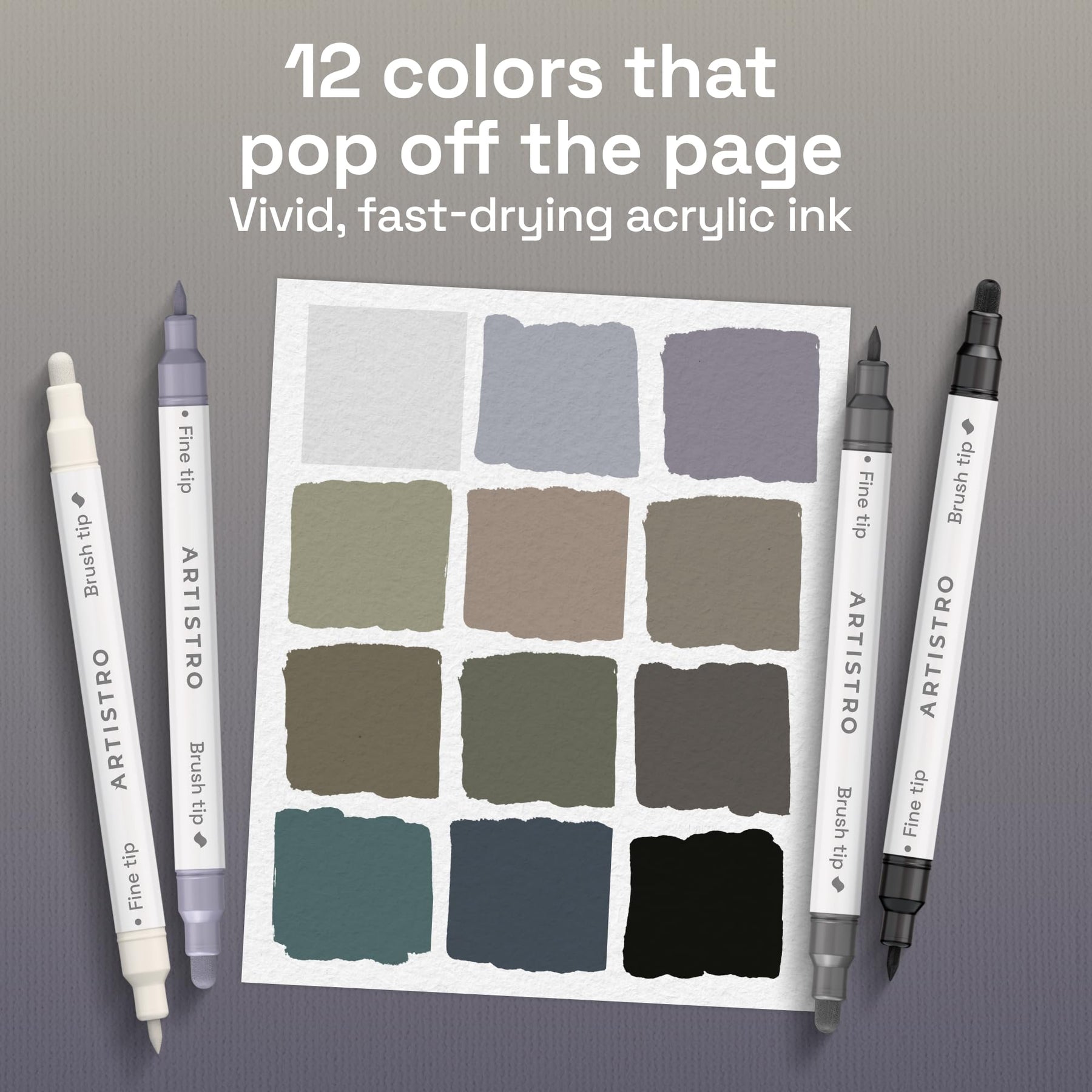 ARTISTRO 12 Grey Tones Dual-Tip Acrylic Paint Marker Pens