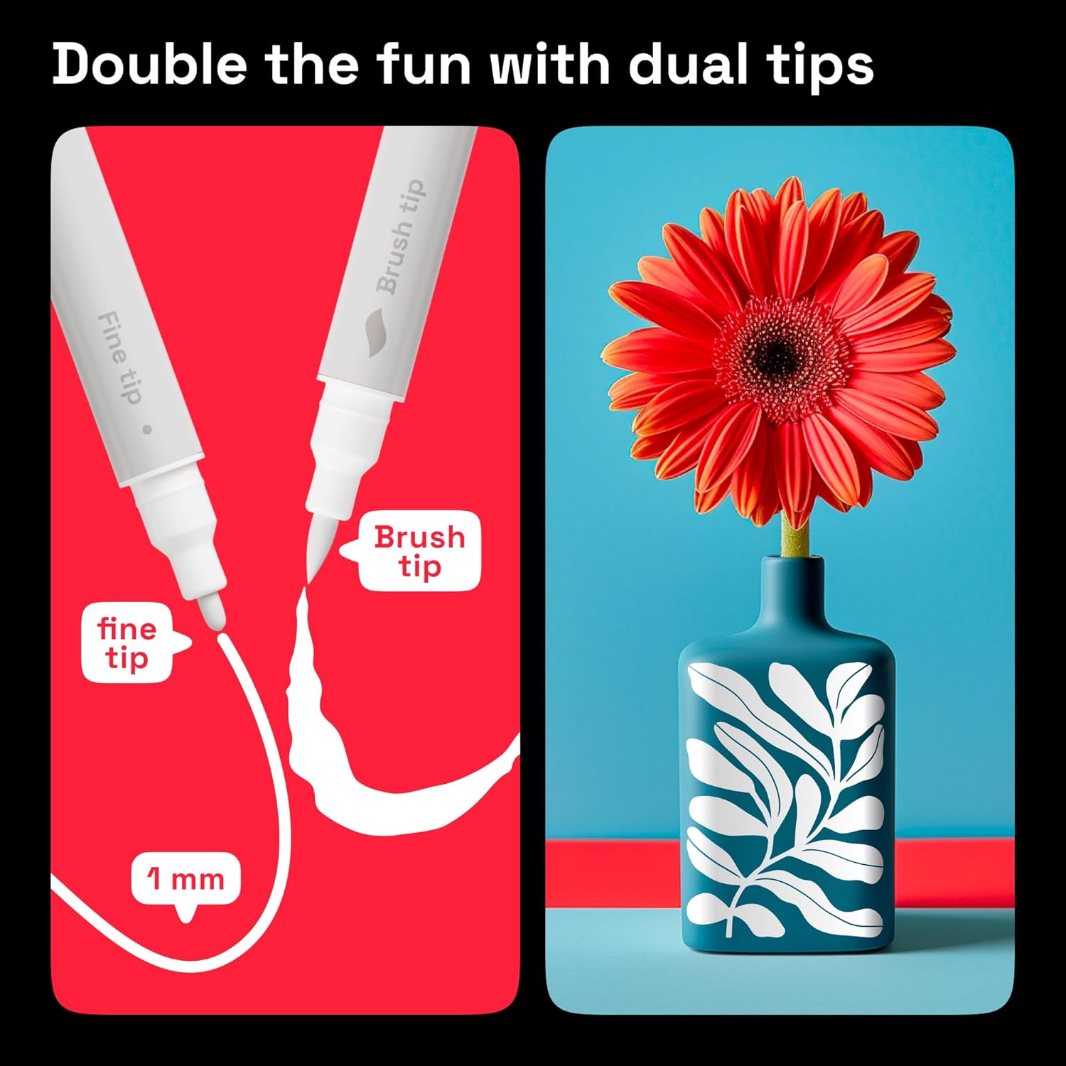 ARTISTRO 5 White Acrylic Paint Markers - Paint Pens Dual Tip Brush + Fine Ideal for Calligraphy - Perfect for Fabric, Rock, Glass, Wood, DIY - Art Supplies, Stocking Stuffers, Christmas Gift Idea