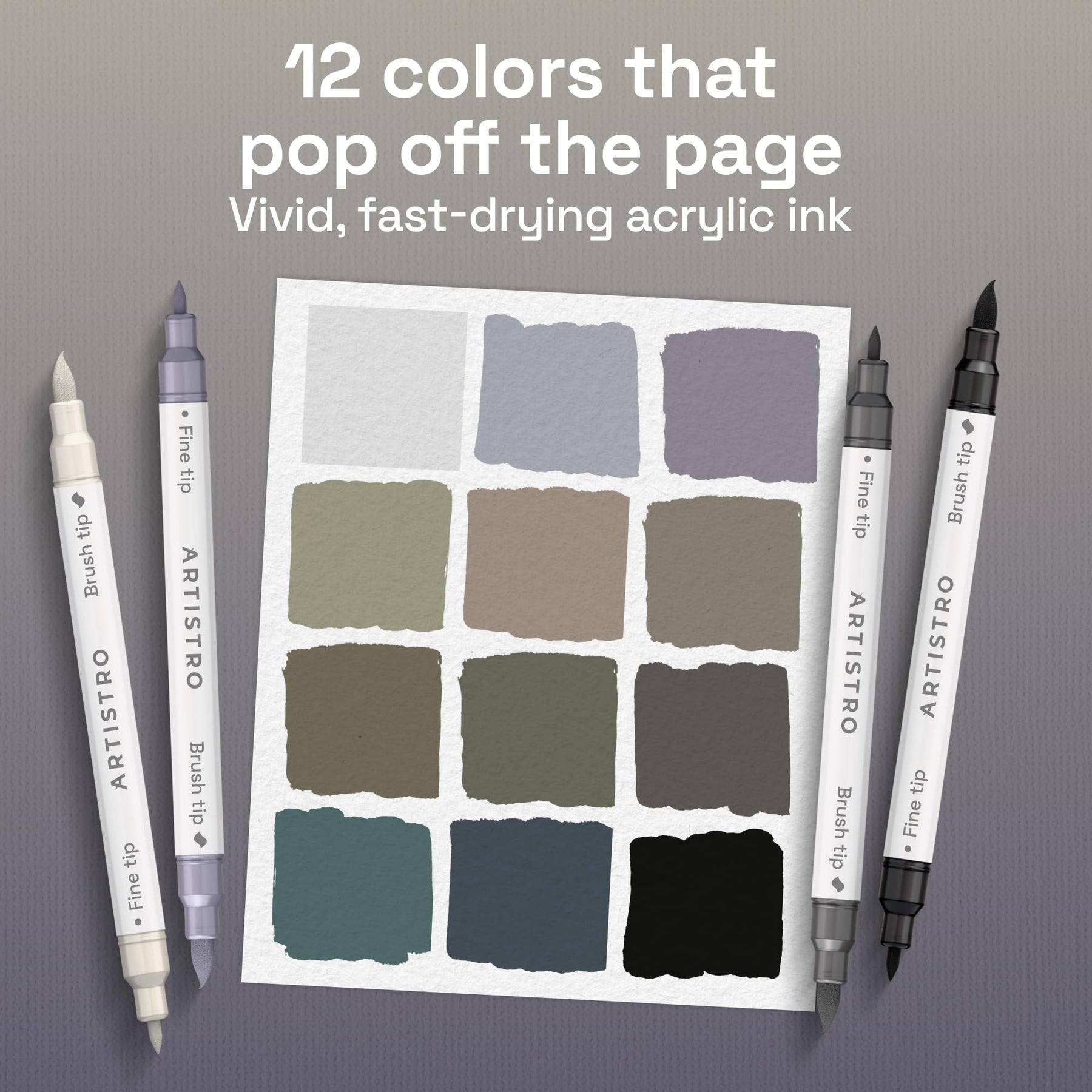 ARTISTRO 12 Gray Tones Dual-Tip Acrylic Paint Marker Pens for Drawing