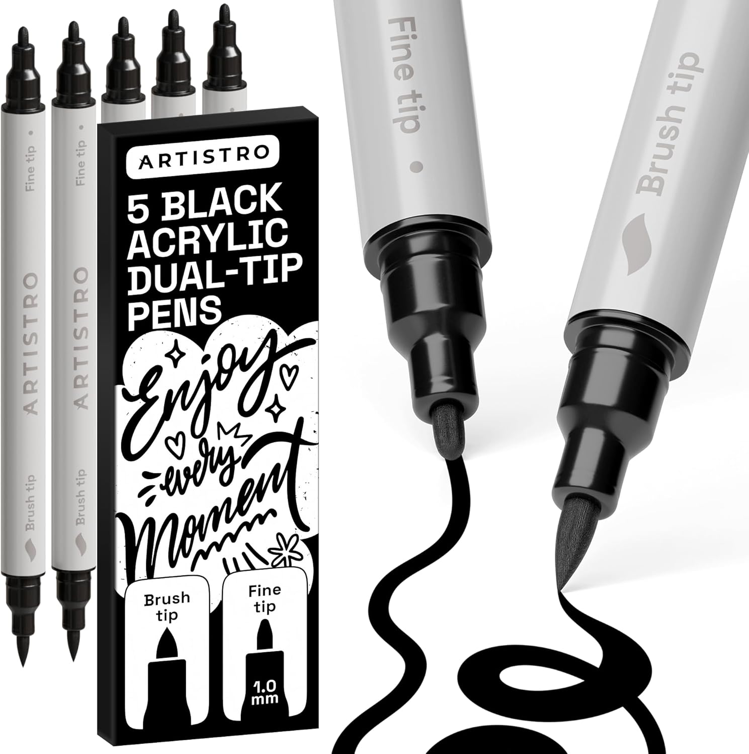 ARTISTRO 5 Black Acrylic Paint Markers - Paint Pens Dual Tip Brush + Fine Ideal for Calligraphy - Perfect for Fabric, Rock, Glass, Wood, DIY - Art Supplies, Stocking Stuffers, Christmas Gift Idea