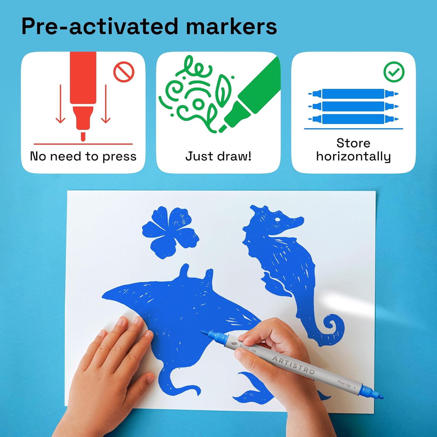 ARTISTRO 2 Blue Acrylic Paint Pens, Acrylic Paint Markers Dual Tip (Brush + Fine 1 mm), Canvas, Rock, Glass, Wood, Paper, DYI, Markers for Kids and Adults