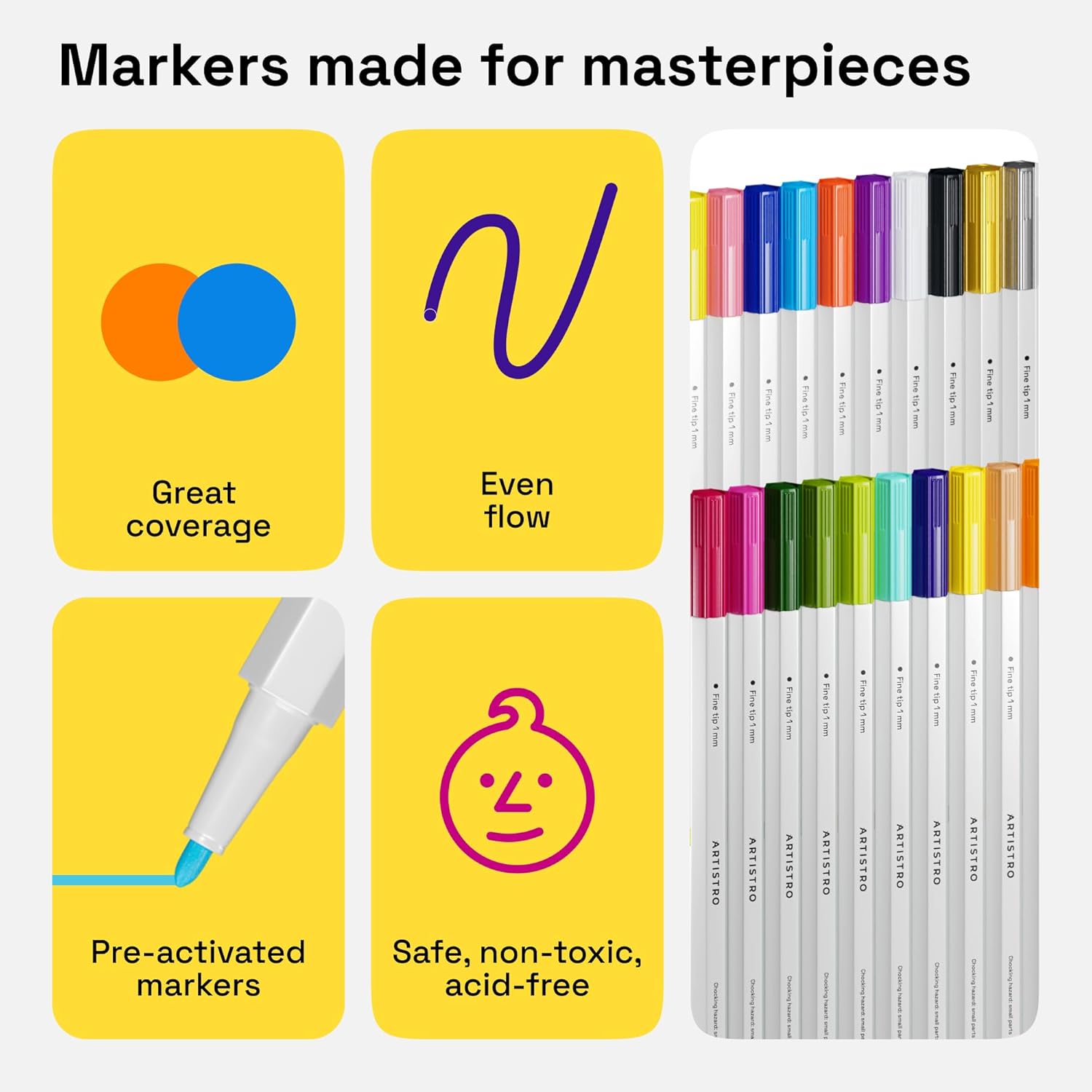 ARTISTRO 24 Fabric Markers - Fine Tip Fabric Markers Permanent for Clothes - No Bleed Pens for T-Shirts, Bags, Textile, Canvas, and more