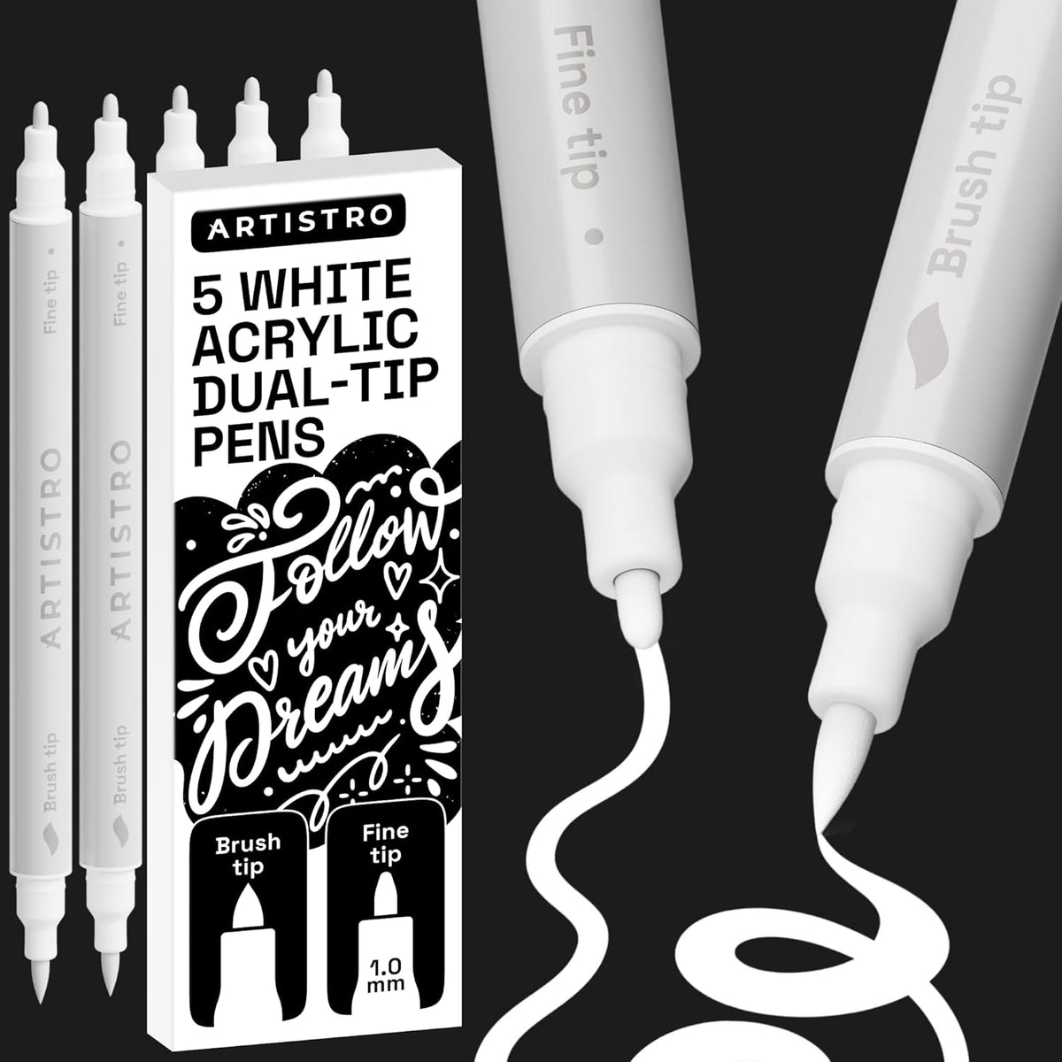 ARTISTRO 5 White Acrylic Paint Markers - Paint Pens Dual Tip Brush + Fine Ideal for Calligraphy - Perfect for Fabric, Rock, Glass, Wood, DIY - Art Supplies, Stocking Stuffers, Christmas Gift Idea
