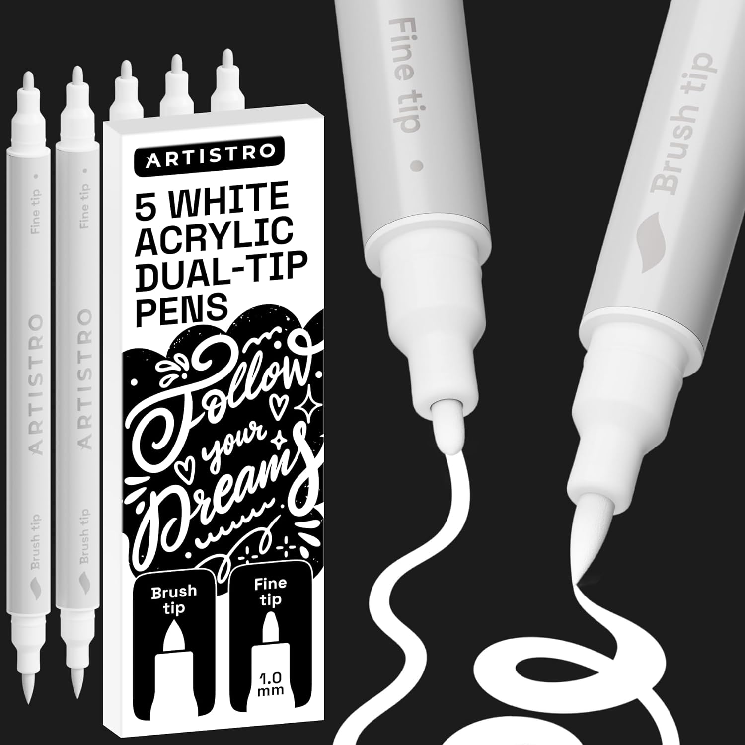 ARTISTRO 5 White Acrylic Paint Markers - Paint Pens Dual Tip Brush + Fine Ideal for Calligraphy - Perfect for Fabric, Rock, Glass, Wood, DIY - Art Supplies, Stocking Stuffers, Christmas Gift Idea