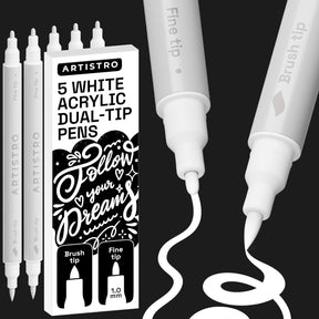 ARTISTRO 5 White Acrylic Paint Markers - Paint Pens Dual Tip Brush + Fine Ideal for Calligraphy - Perfect for Fabric, Rock, Glass, Wood, DIY - Art Supplies, Stocking Stuffers, Christmas Gift Idea