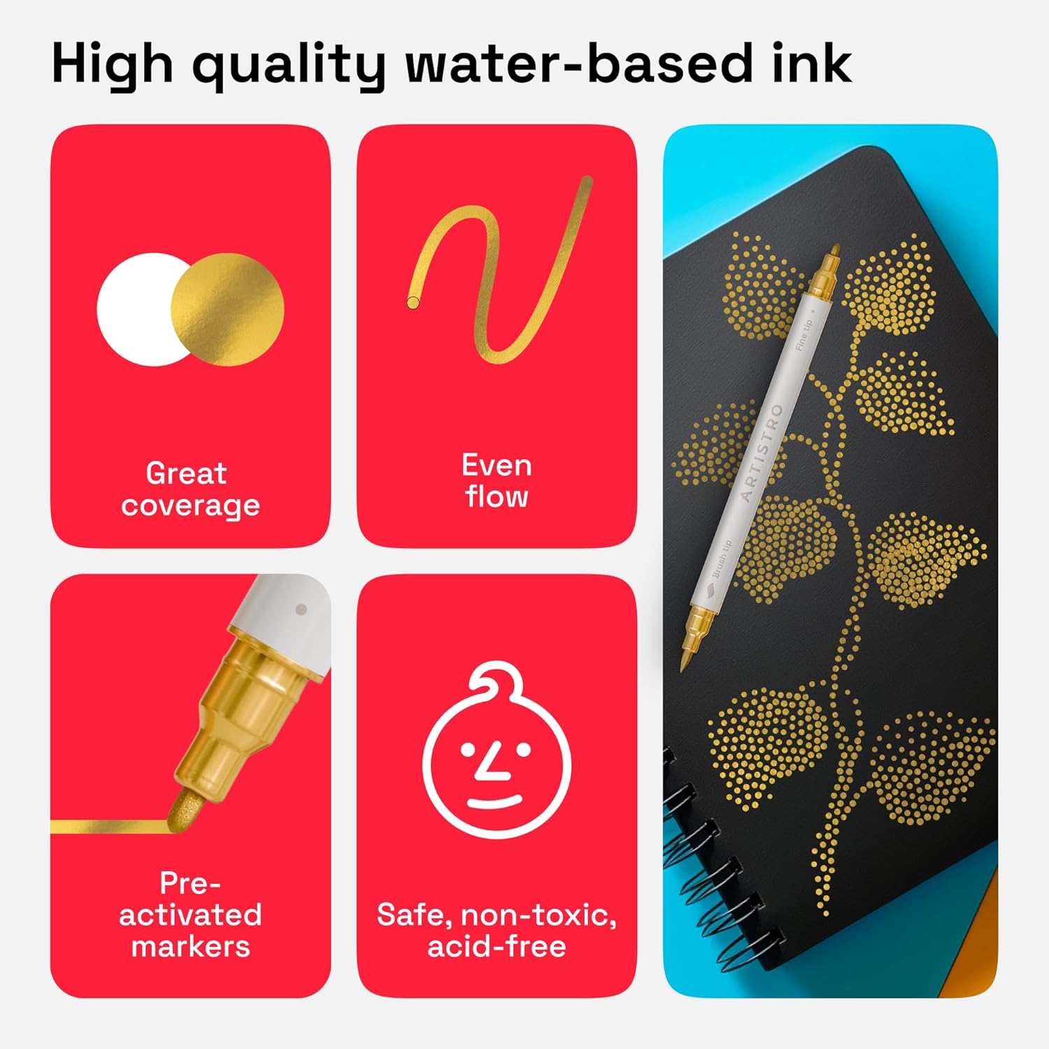 ARTISTRO 5 Gold Acrylic Paint Markers - Paint Pens Dual Tip Brush + Fine Ideal for Calligraphy - Perfect for Fabric, Rock, Glass, Wood, DIY - Art Supplies, Stocking Stuffers, Christmas Gift Idea