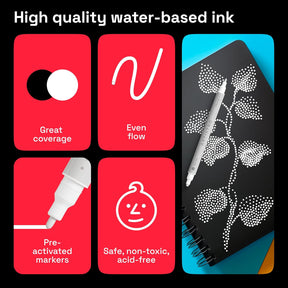 ARTISTRO 5 White Acrylic Paint Markers - Paint Pens Dual Tip Brush + Fine Ideal for Calligraphy - Perfect for Fabric, Rock, Glass, Wood, DIY - Art Supplies, Stocking Stuffers, Christmas Gift Idea