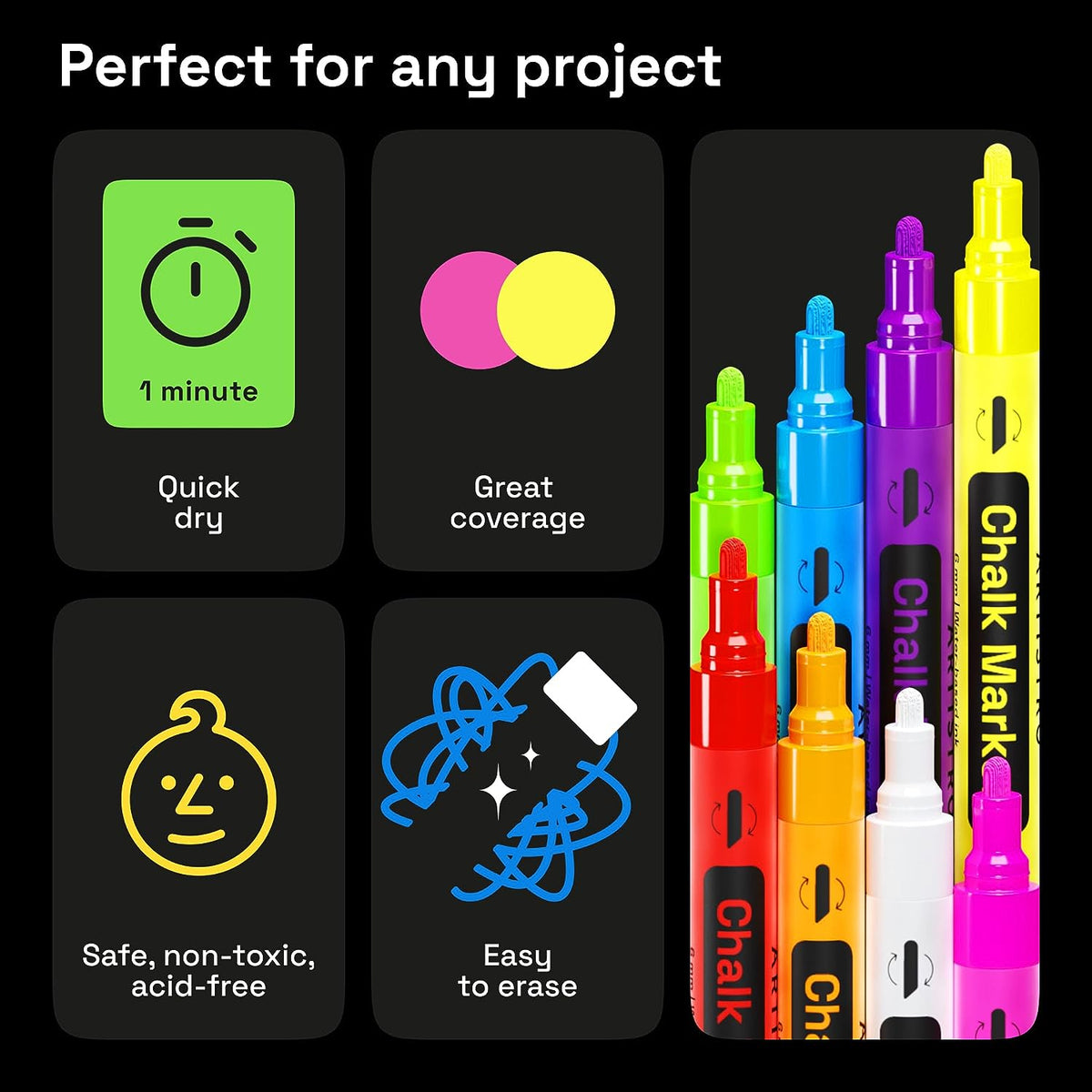 8 Neon Chalk Markers - Erasable Chalk Pens with 6mm Reversible Tip