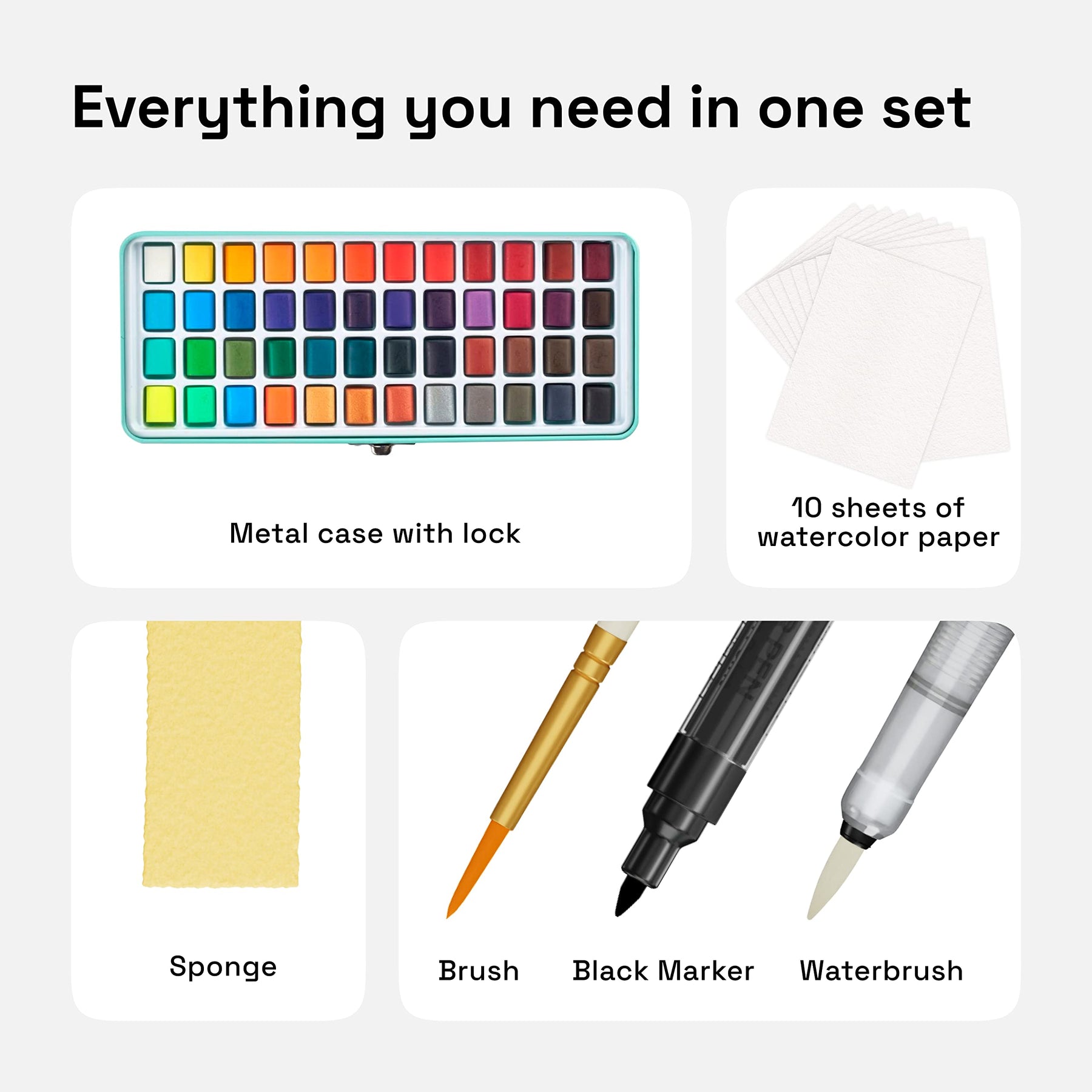 everything you need in one set: metal case, 10 sht of watercolor paper, sponge, brush, waterbrush, black marker