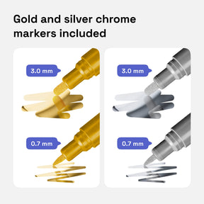 ARTISTRO 24 Dual-Tip Acrylic Paint Markers - Medium + Fine Tip Combo - 22 Bright Colors + 2 Metallic Chrome Paint Pens