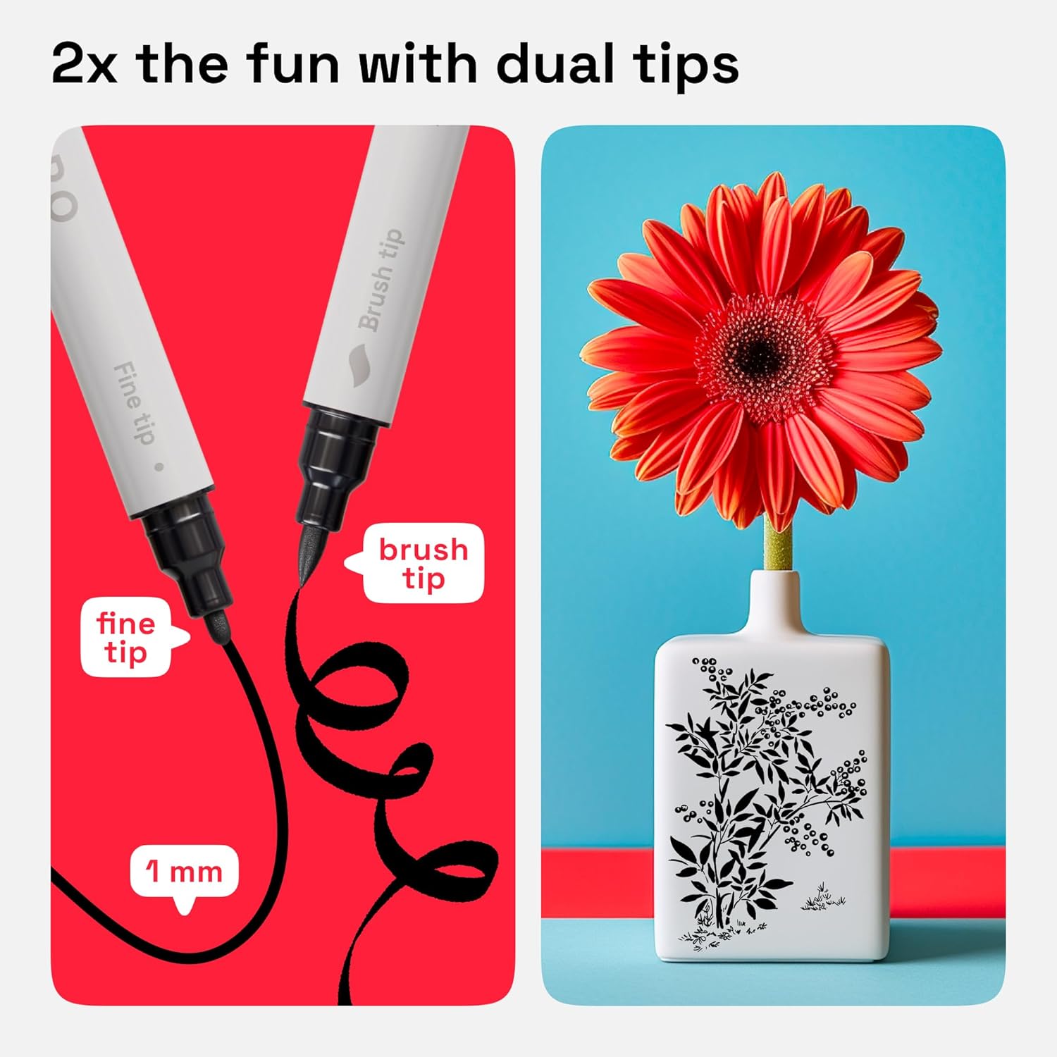 ARTISTRO 2 Black Dual-Tip Acrylic Paint Pens - Multisurface Markers for Glass, Rock, Fabric, Wood, Plastic & More - 1 mm Fine & Brush Tips