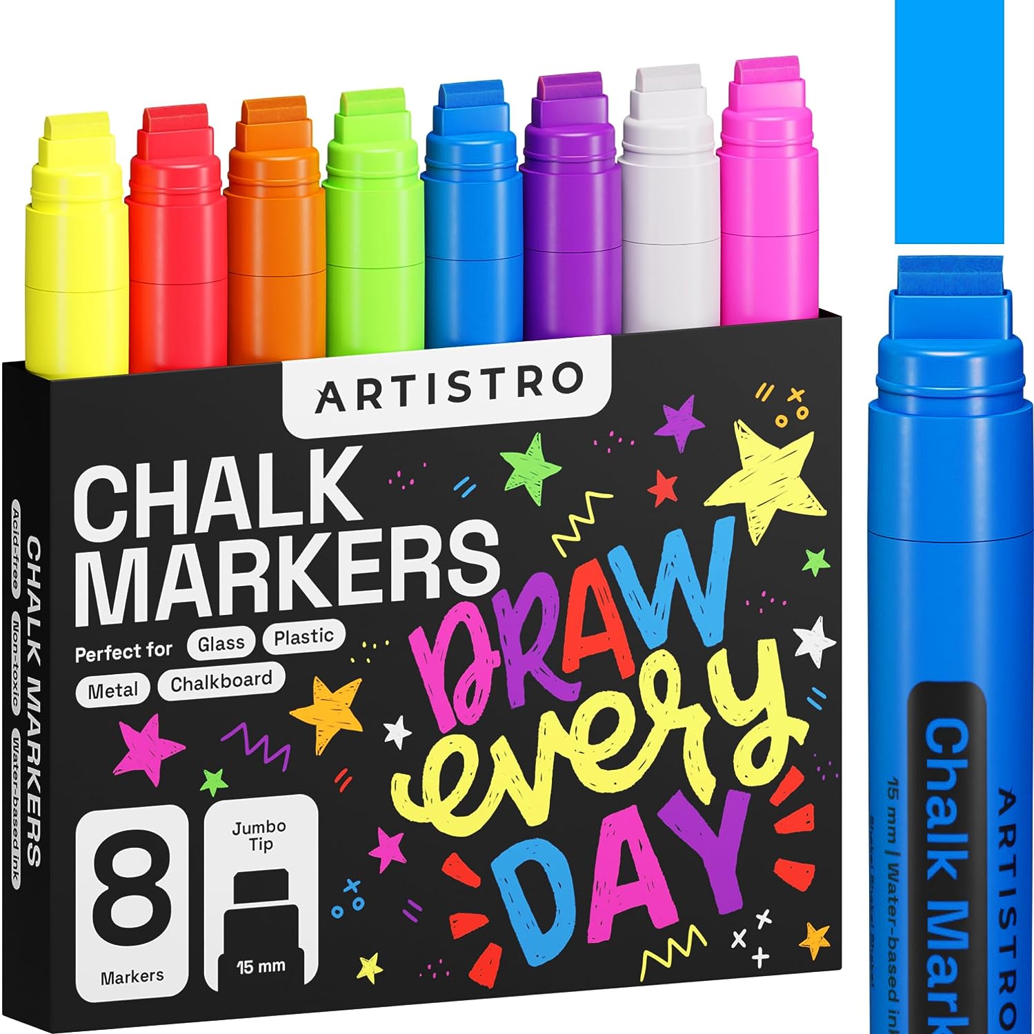 8 Colored Jumbo Chalk Markers - 15mm Neon Erasable Window Markers