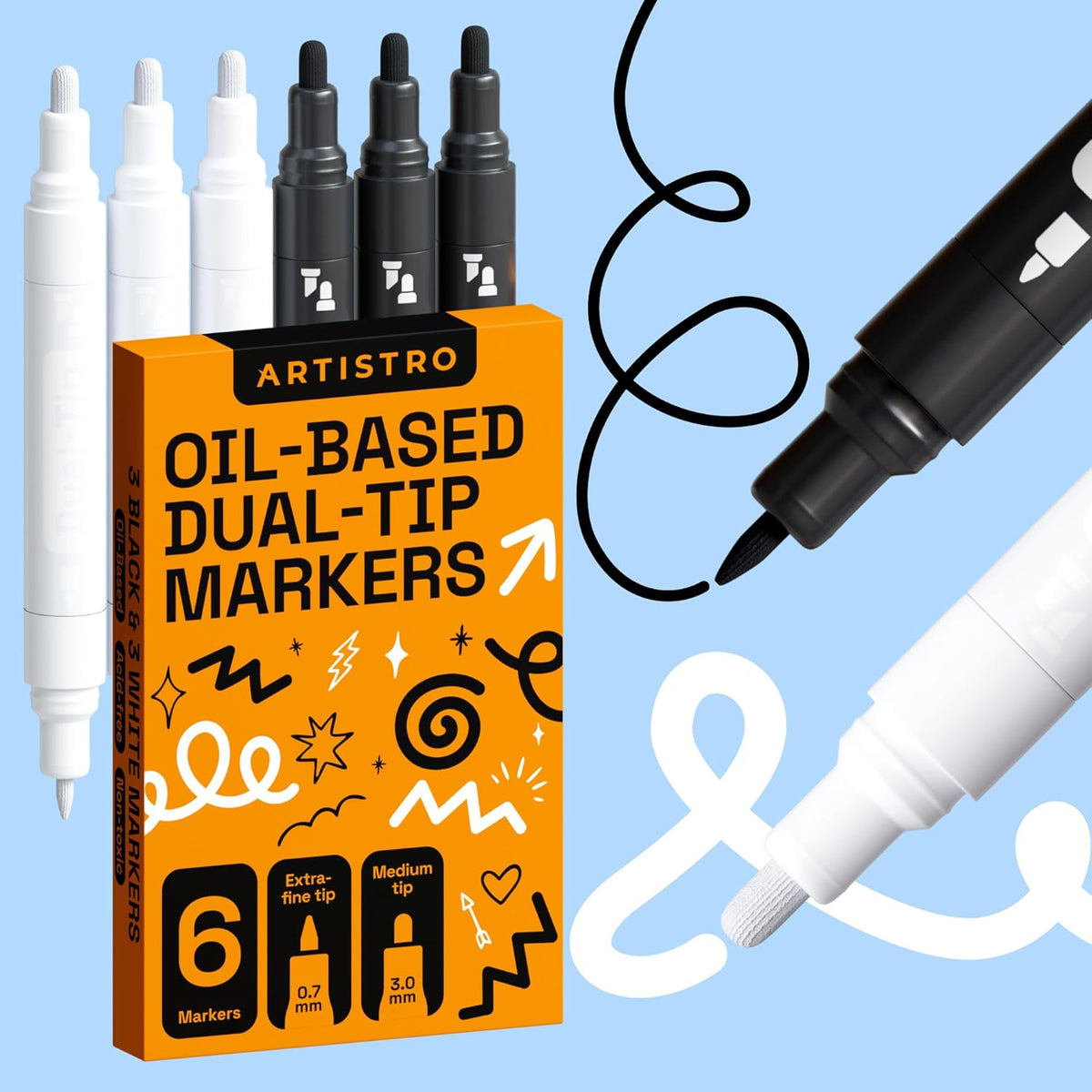 ARTISTRO 6 Black & White Permanent Markers, Oil Based Paint Markers Dual Tip (0.7mm+3mm), Waterproof Paint Pens for Rock Painting, Ceramic, Glass, Wood, Tire, Fabric & More 3+3