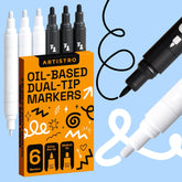 ARTISTRO 6 Black & White Permanent Markers, Oil Based Paint Markers Dual Tip (0.7mm+3mm), Waterproof Paint Pens for Rock Painting, Ceramic, Glass, Wood, Tire, Fabric & More 3+3