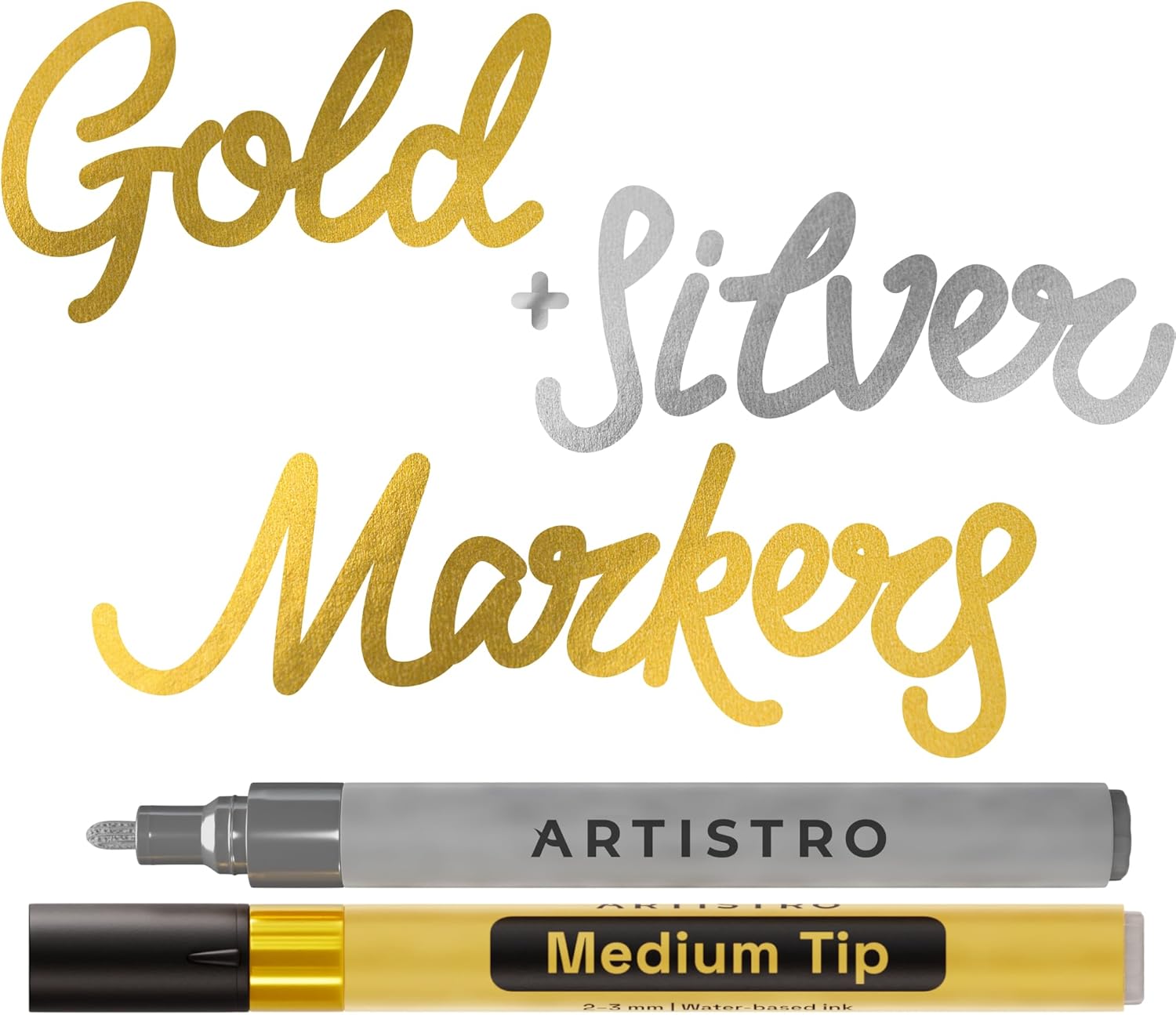 ARTISTRO 2 Gold & Silver Acrylic Paint Markers - 3mm Medium-Tip Paint Pens - Perfect for Crafting, Art Projects, & More