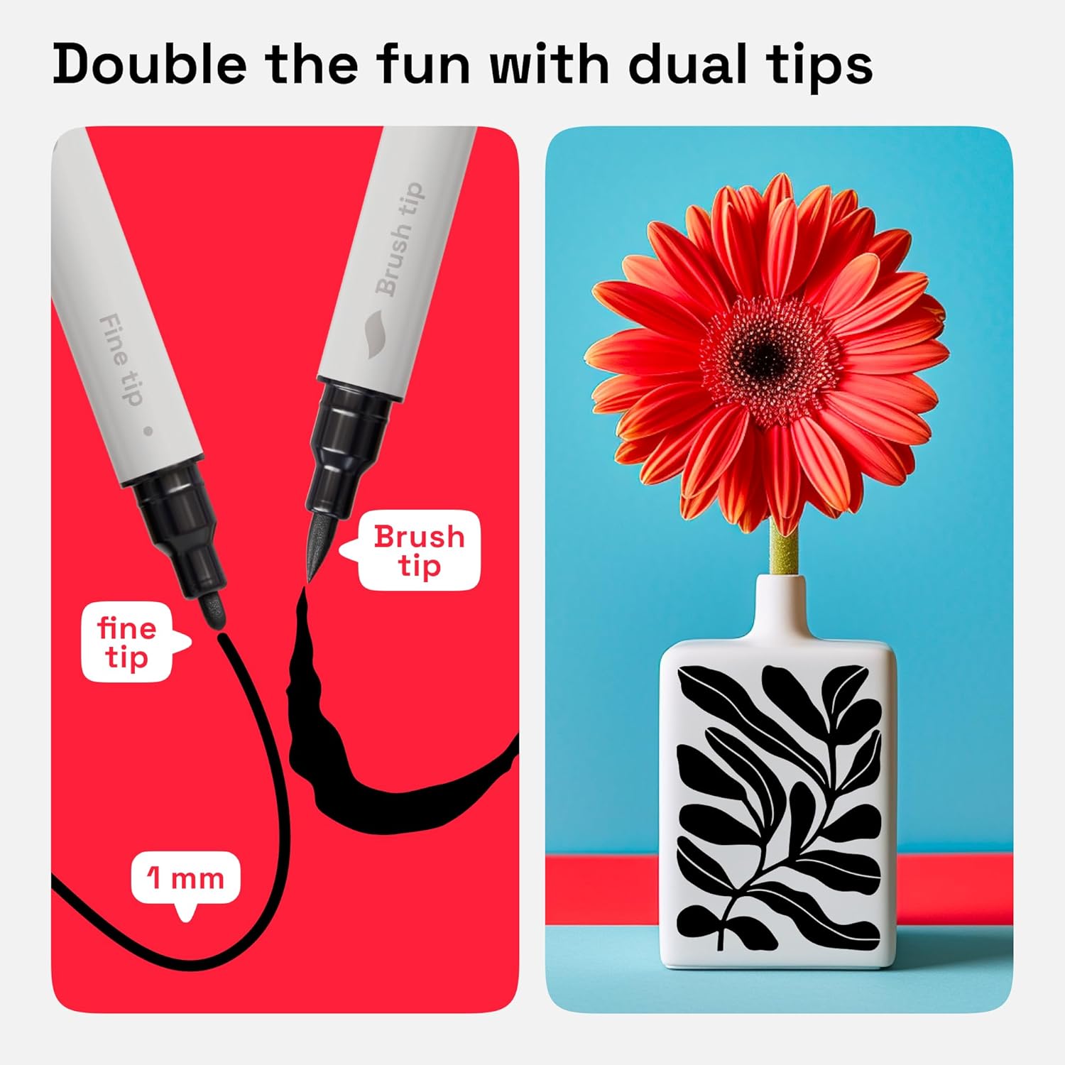 ARTISTRO 5 Black Acrylic Paint Markers - Paint Pens Dual Tip Brush + Fine Ideal for Calligraphy - Perfect for Fabric, Rock, Glass, Wood, DIY - Art Supplies, Stocking Stuffers, Christmas Gift Idea