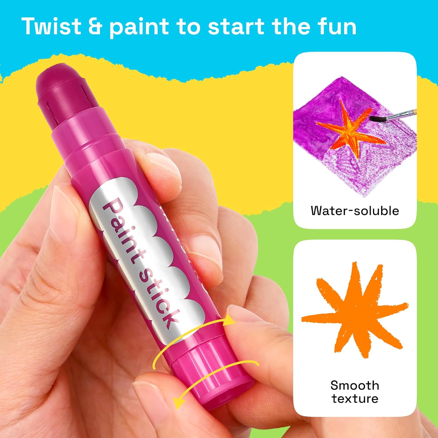 ARTISTRO 100% Washable Tempera Paint Sticks for Kids - 24 Non-toxic Paint Markers for Kids - Color Sticks with Twist Design, Coloring Pages Included