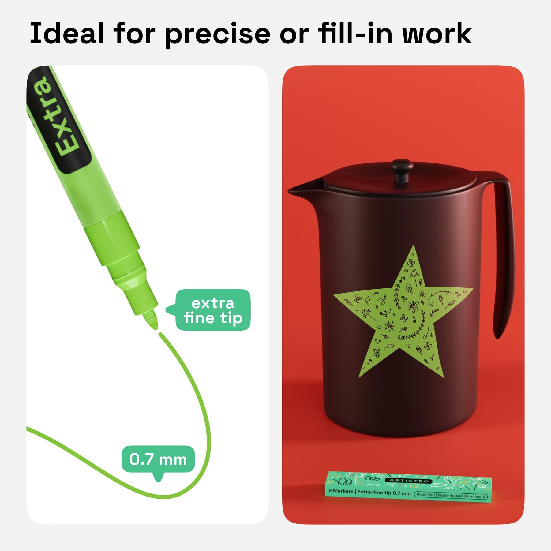 ARTISTRO 2 Light Green Acrylic Paint Markers - 0.7mm Lime Extra Fine-Tip Paint Pens - Perfect for Crafting, Art Projects