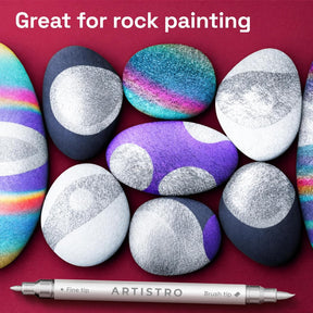 ARTISTRO 5 Silver Acrylic Paint Markers - Paint Pens for Drawing, Brush + Fine Tips - For Fabric, Rock, Glass, Wood, DIY - Art & Craft Supplies for Adults, Teens, Kids - Teacher Appreciation Gift