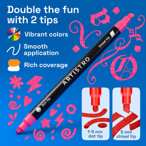 ARTISTRO 24 Shimmering Glitter Dual-Tip Paint Pens – Sparkly Markers with Acrylic Ink for Rock, Ceramic, Wood, Fabric, &