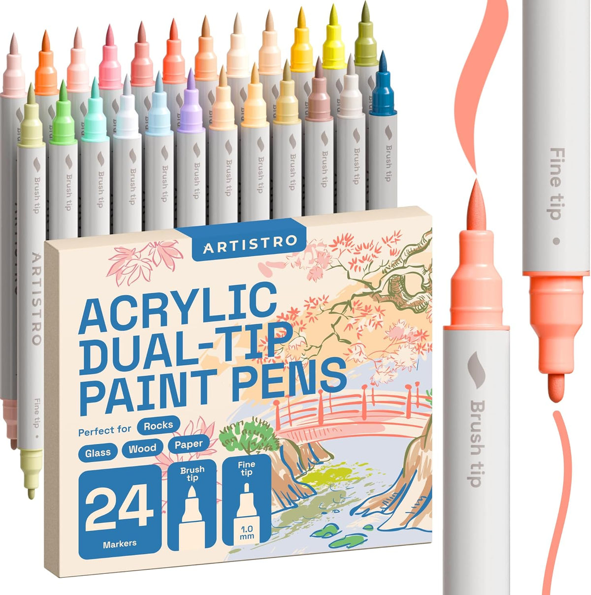 ARTISTRO 24 Pastel Acrylic Paint Markers - Paint Pens Dual Tip Brush + Fine Ideal for Calligraphy - Perfect for Fabric, Rock, Glass, Wood, DIY - Art Supplies, Stocking Stuffers, Christmas Gift Idea