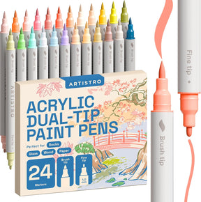 ARTISTRO 24 Pastel Acrylic Paint Markers - Paint Pens Dual Tip Brush + Fine Ideal for Calligraphy - Perfect for Fabric, Rock, Glass, Wood, DIY - Art Supplies, Stocking Stuffers, Christmas Gift Idea
