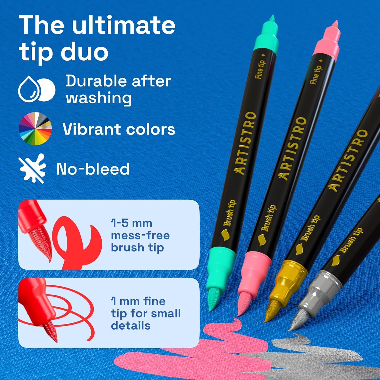 ARTISTRO 24 Dual-Tip Fabric Markers - Fabric Decorating Kit - Permanent for Clothes - Acrylic Paint Pens for Sneakers, Bags, Shoes, Textile, Canvas, Sewing, Craft, DIY - Brush and Fine Tip