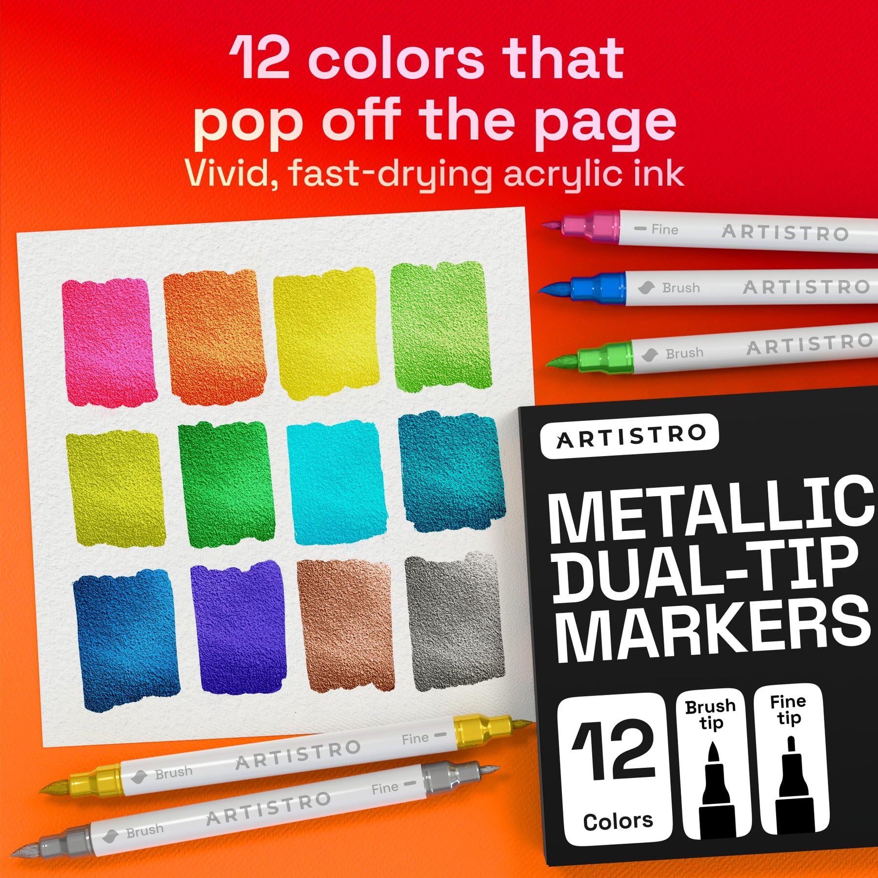 ARTISTRO 12 Metallic Dual-Tip Acrylic Paint Marker Pens for Drawing