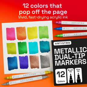 ARTISTRO 12 Metallic Dual-Tip Acrylic Paint Marker Pens for Drawing