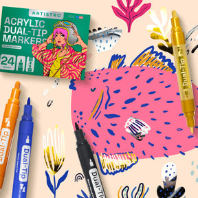 ARTISTRO 24 Dual-Tip Acrylic Paint Markers - Medium + Fine Tip Combo - 22 Bright Colors + 2 Metallic Chrome Paint Pens