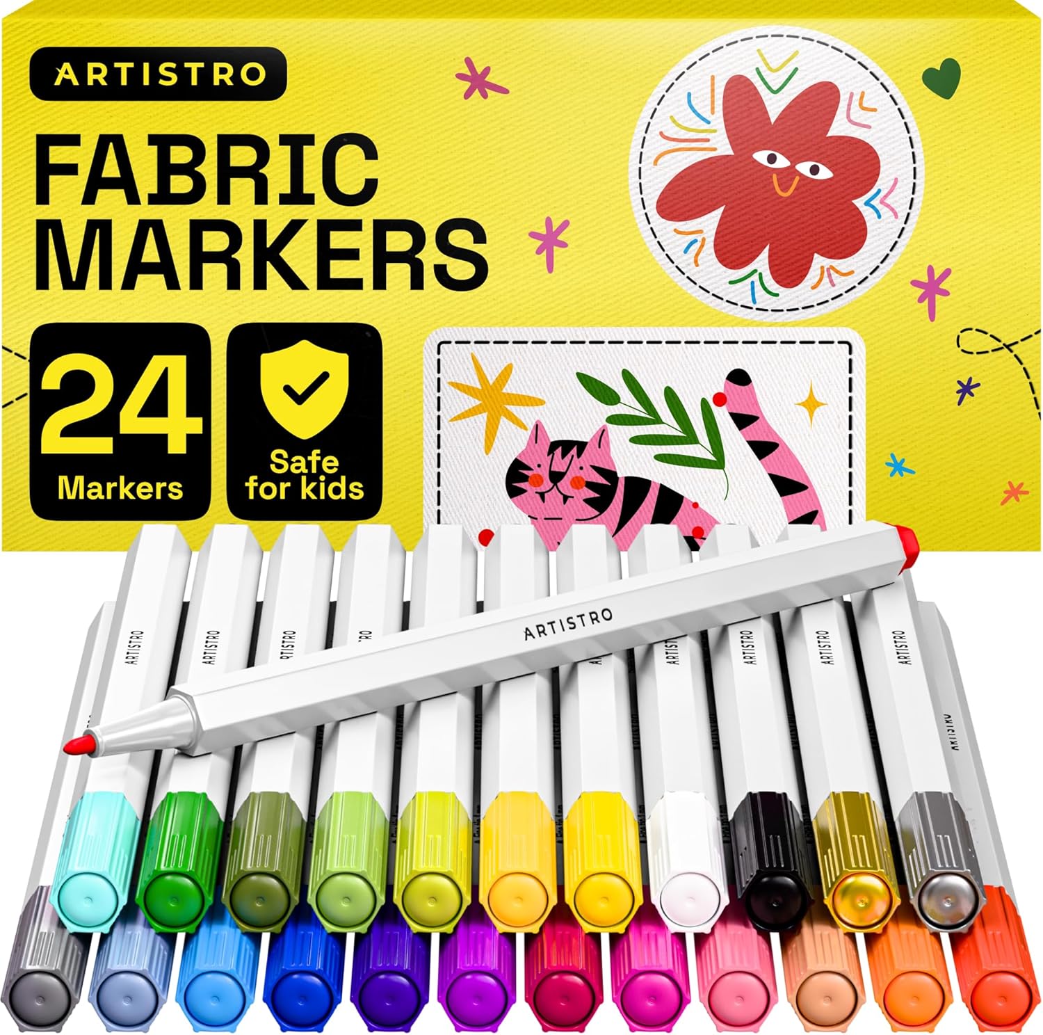 ARTISTRO 24 Fabric Markers - Fine Tip Fabric Markers Permanent for Clothes - No Bleed Pens for T-Shirts, Bags, Textile, Canvas, and more