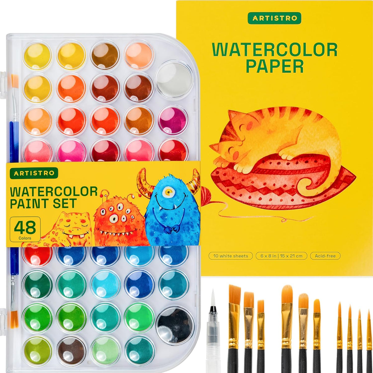 ARTISTRO Washable Watercolor Paint Set 48 Colors with Watercolor Paper, 2 brushes, Refillable Water Brush Pen and Palette, Water Color Paint Set for Kids, Adults, Beginner Artists