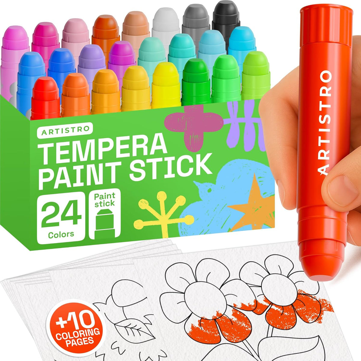 ARTISTRO 100% Washable Tempera Paint Sticks for Kids - 24 Non-toxic Paint Markers for Kids - Color Sticks with Twist Design, Coloring Pages Included