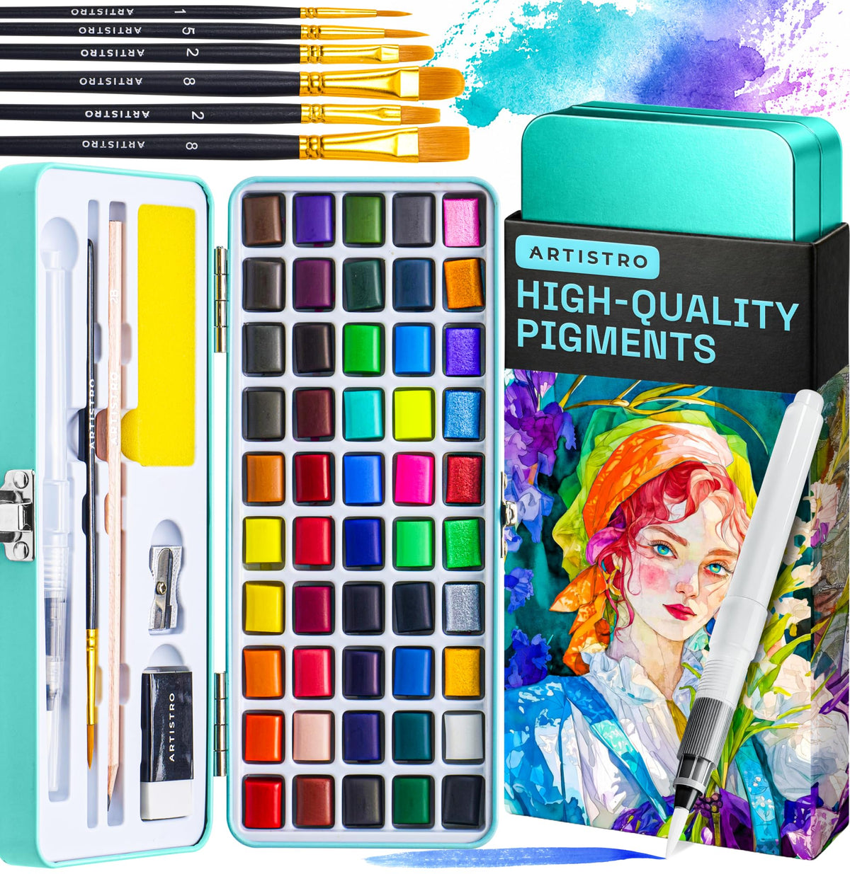 ARTISTRO Watercolor Paint Set with Palette & Brush Pens - 50 Colors
