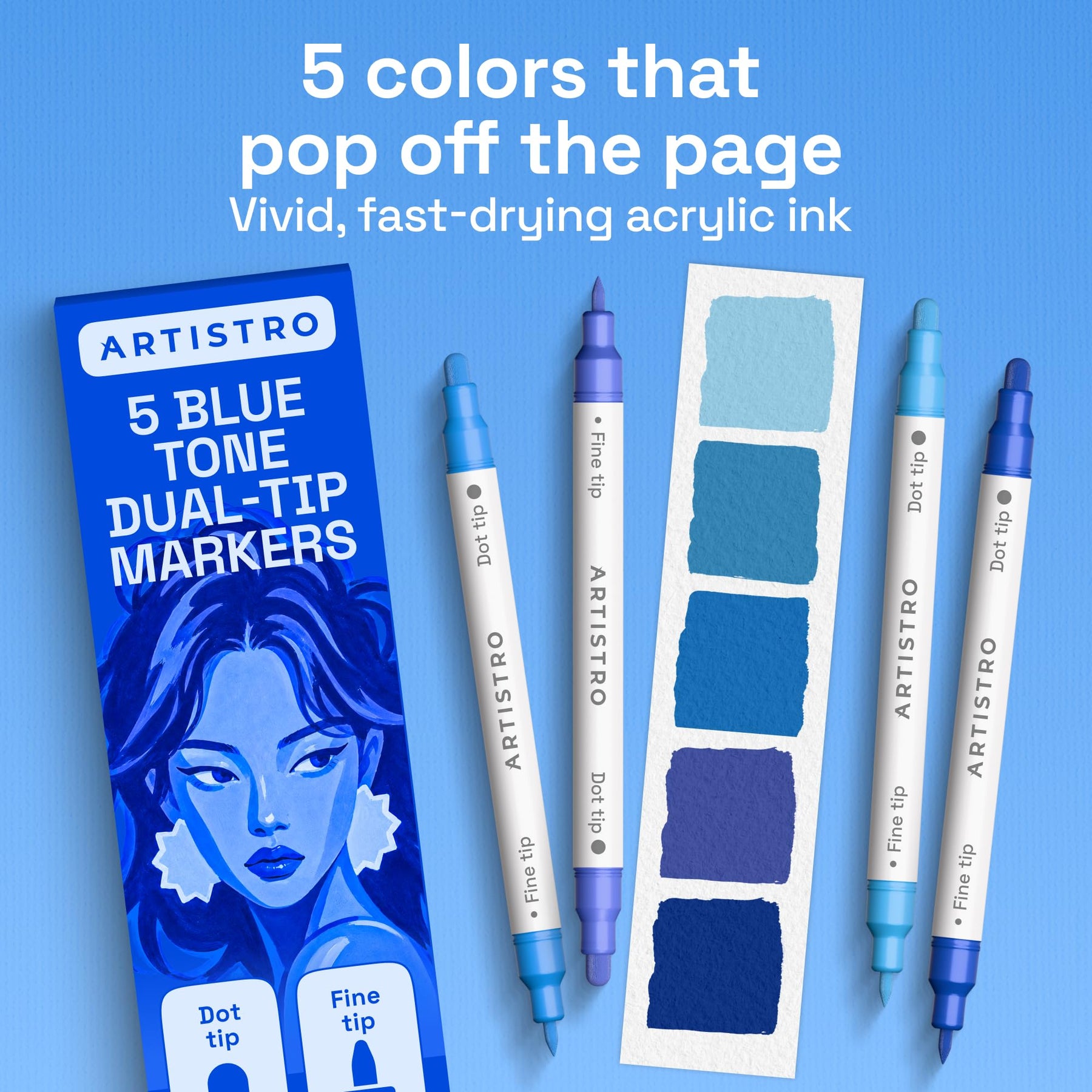 ARTISTRO 5 Blue Tones Dual-Tip Acrylic Paint Marker Pens