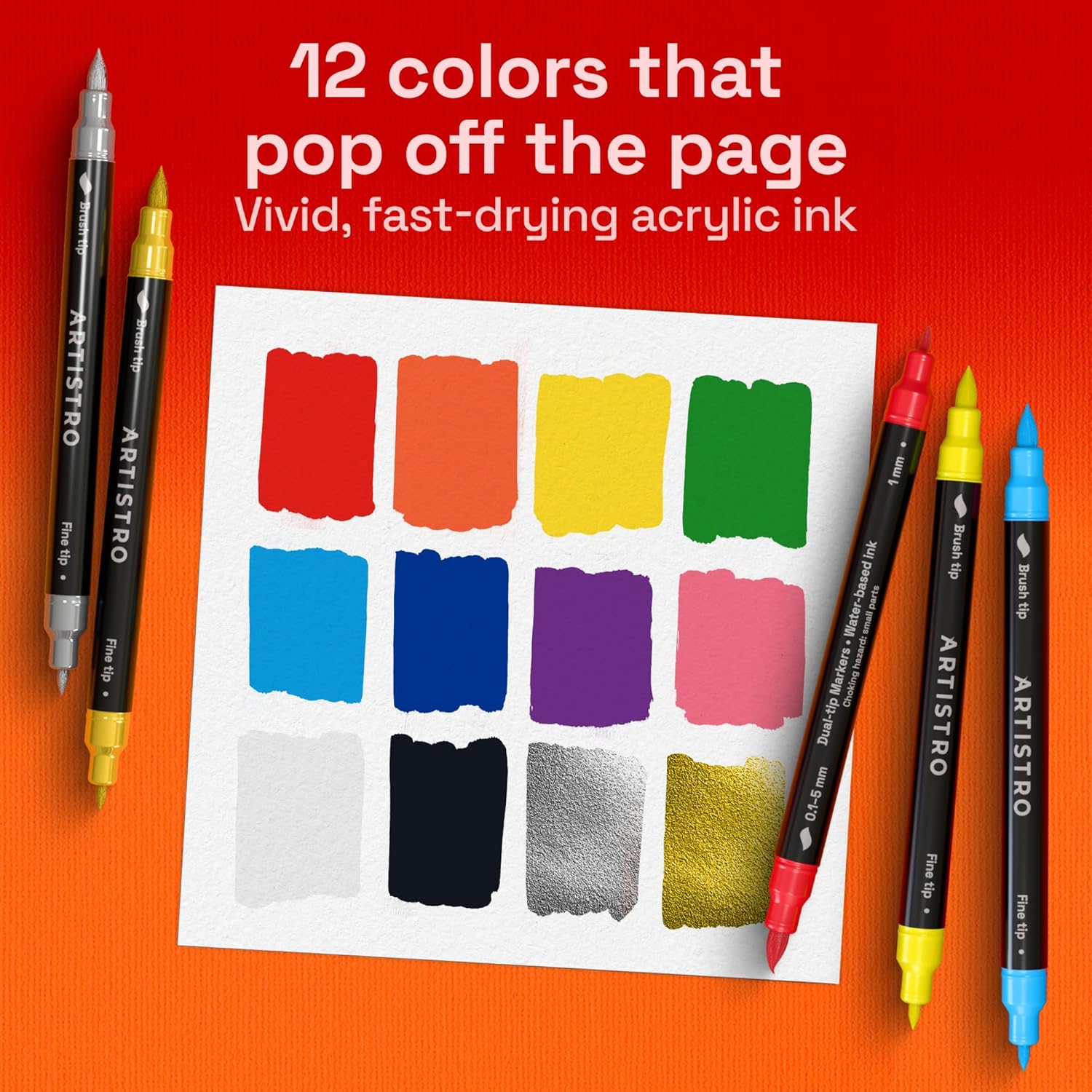 ARTISTRO 12 Acrylic Paint Markers - Paint Pens for Drawing, Brush + Fine Tips - For Fabric, Rock, Glass, Wood, DIY, Eggs - Art & Craft Supplies for Adults, Teens, Kids - Easter Basket Stuffers
