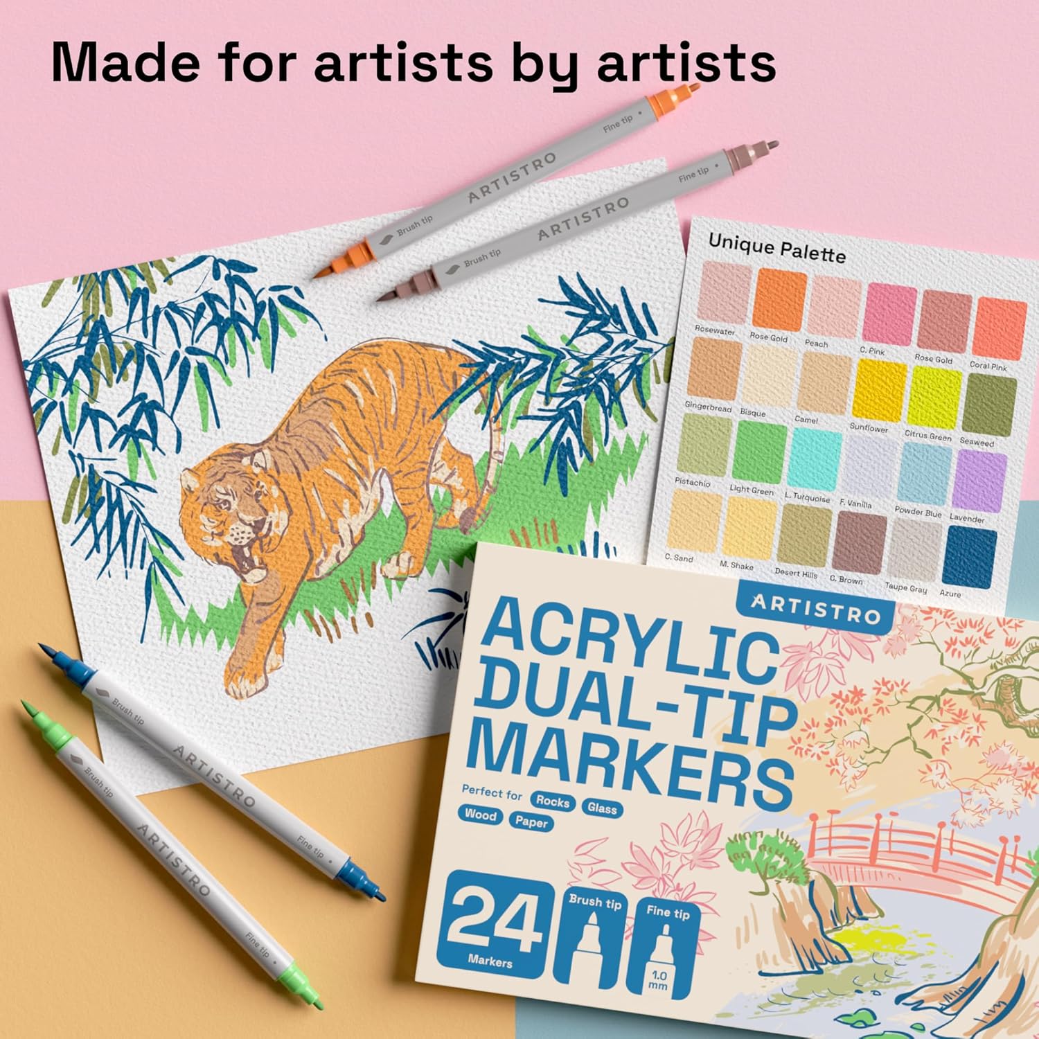 ARTISTRO 24 Pastel Acrylic Paint Markers - Paint Pens Dual Tip Brush + Fine Ideal for Calligraphy - Perfect for Fabric, Rock, Glass, Wood, DIY - Art Supplies, Stocking Stuffers, Christmas Gift Idea