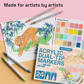 ARTISTRO 24 Pastel Acrylic Paint Markers - Paint Pens Dual Tip Brush + Fine Ideal for Calligraphy - Perfect for Fabric, Rock, Glass, Wood, DIY - Art Supplies, Stocking Stuffers, Christmas Gift Idea