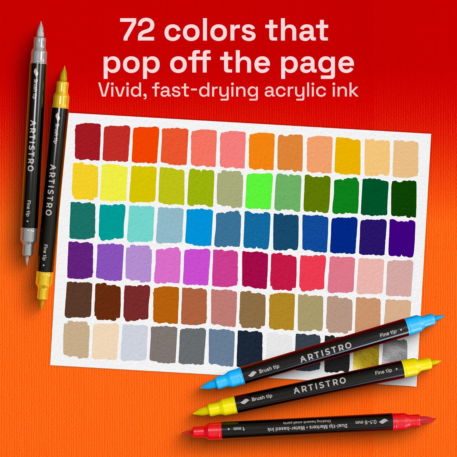 ARTISTRO 72 Acrylic Paint Markers - Paint Pens for Drawing, Brush + Fine Tips - For Fabric, Rock, Glass, Wood, DIY, Eggs - Art & Craft Supplies for Adults, Teens, Kids - Easter Basket Stuffers