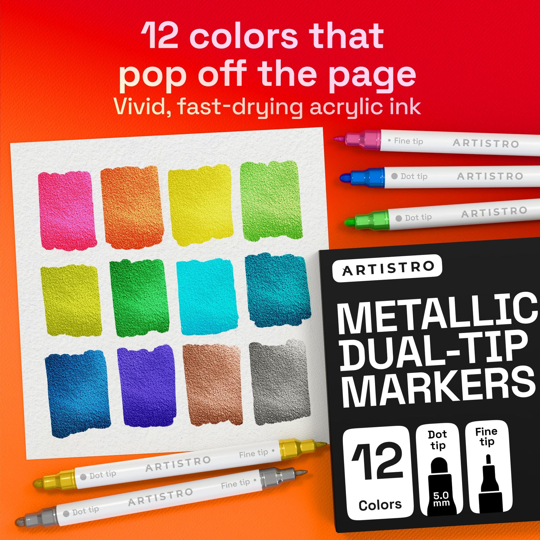 ARTISTRO Metallic Dual-Tip Acrylic Paint Marker Pens - Set of 12