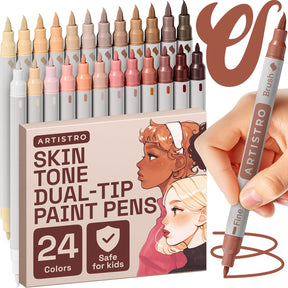 ARTISTRO 24 Skin Tone Acrylic Paint Markers - Paint Pens Dual Tip Brush + Fine Ideal for Calligraphy - Perfect for Fabric, Rock, Glass, Wood, DIY - Art Supplies, Stocking Stuffers, Christmas Gift Idea