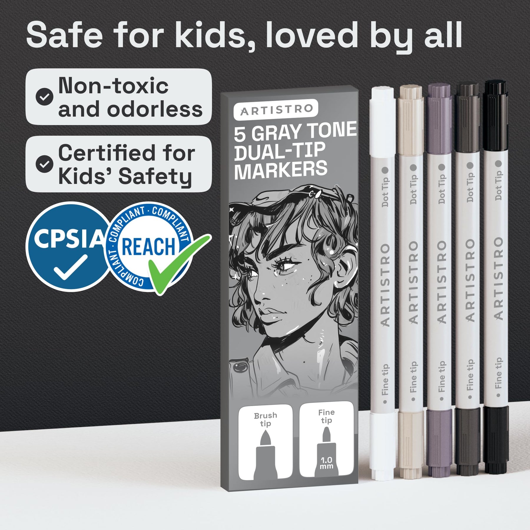 ARTISTRO 5 Grey Tones Dual-Tip Acrylic Paint Marker Pens