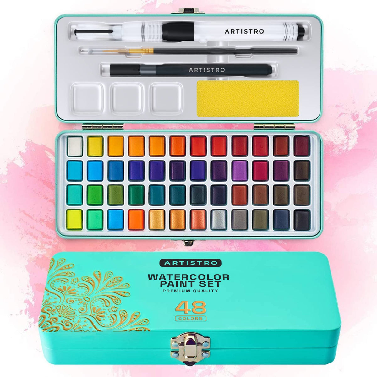 woocolor Watercolor Paint Set in Portable Box, 24 Vivid Colors with Brush, Palette, Sponge, Watercolor Paper, Watercolor Trav