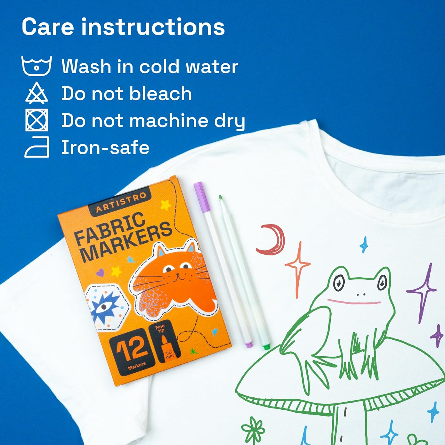 ARTISTRO 12 Fabric Markers - Fine Tip Fabric Markers Permanent for Clothes - No Bleed Pens for T-Shirts, Bags, Textile, Canvas, and more