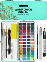 ARTISTRO Watercolor Paint Set, Vivid Colors in Portable Box, Palette set, Including Metallic and Fluorescent Colors. Perfect Travel Watercolor Set for Artists, Amateur Hobbyists and Painting