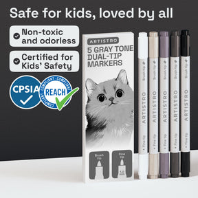 ARTISTRO 5 Gray Tones Dual-Tip Acrylic Paint Marker Pens for Drawing
