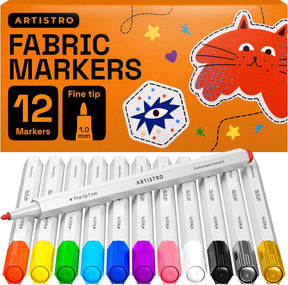 ARTISTRO 12 Fabric Markers - Fine Tip Fabric Markers Permanent for Clothes - No Bleed Pens for T-Shirts, Bags, Textile, Canvas, and more