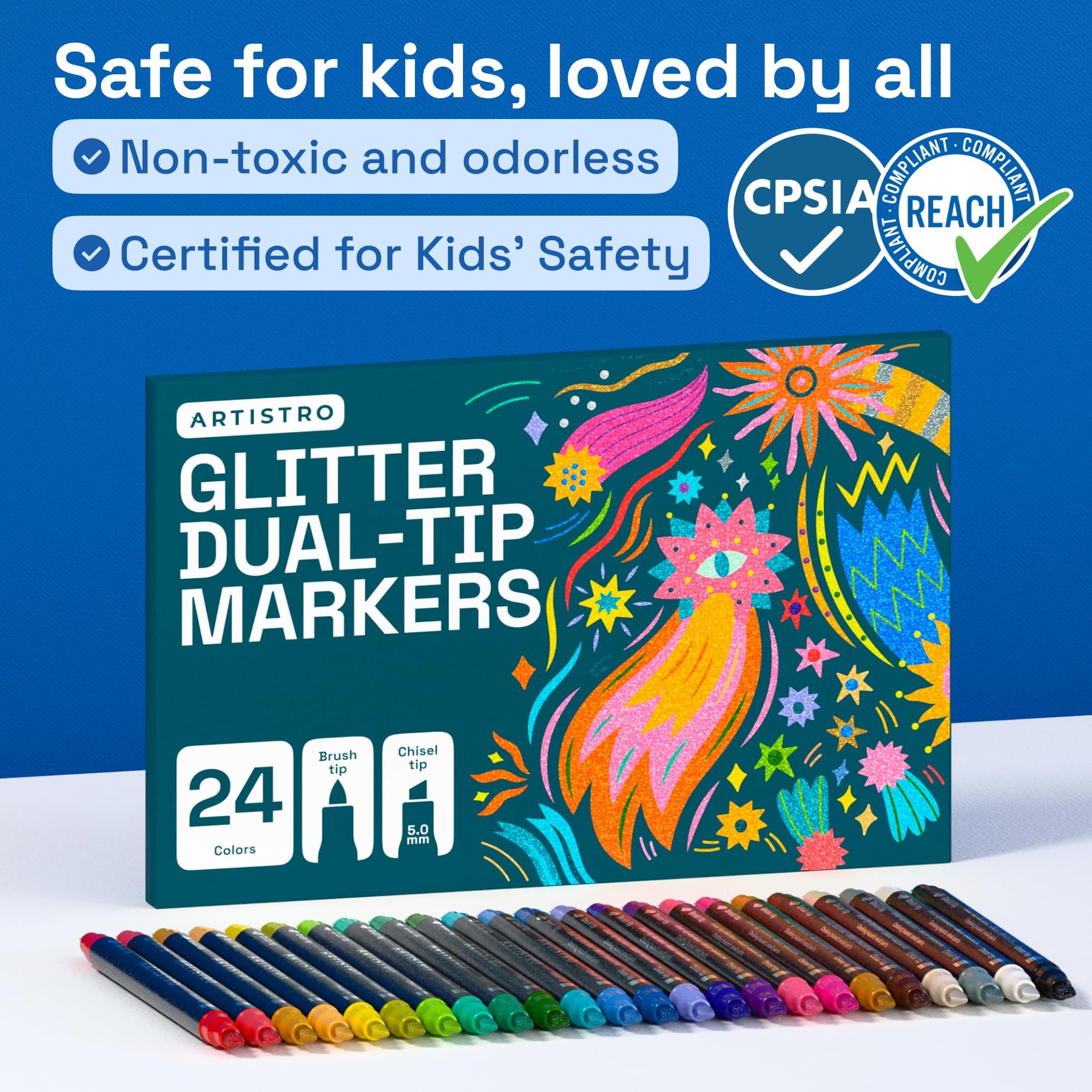 ARTISTRO 24 Sparkly Glitter Dual-Tip Paint Pens – Dazzling Markers with Acrylic Ink for Rock, Ceramic, Wood, Fabric, & M